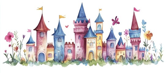 Fototapeta premium Whimsical floral castle in watercolor style Enchanting illustration for children Isolated on white background