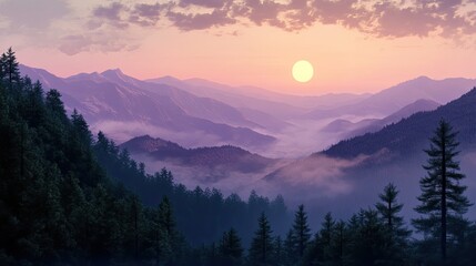 Obraz premium A breathtaking view of a mountain range at sunset, with mist and a bright sun.