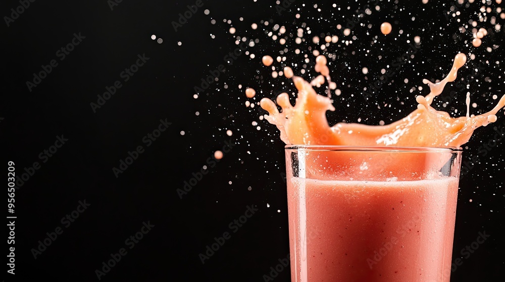 Poster a refreshing pink smoothie splashes out of a glass, creating a vibrant and dynamic image.