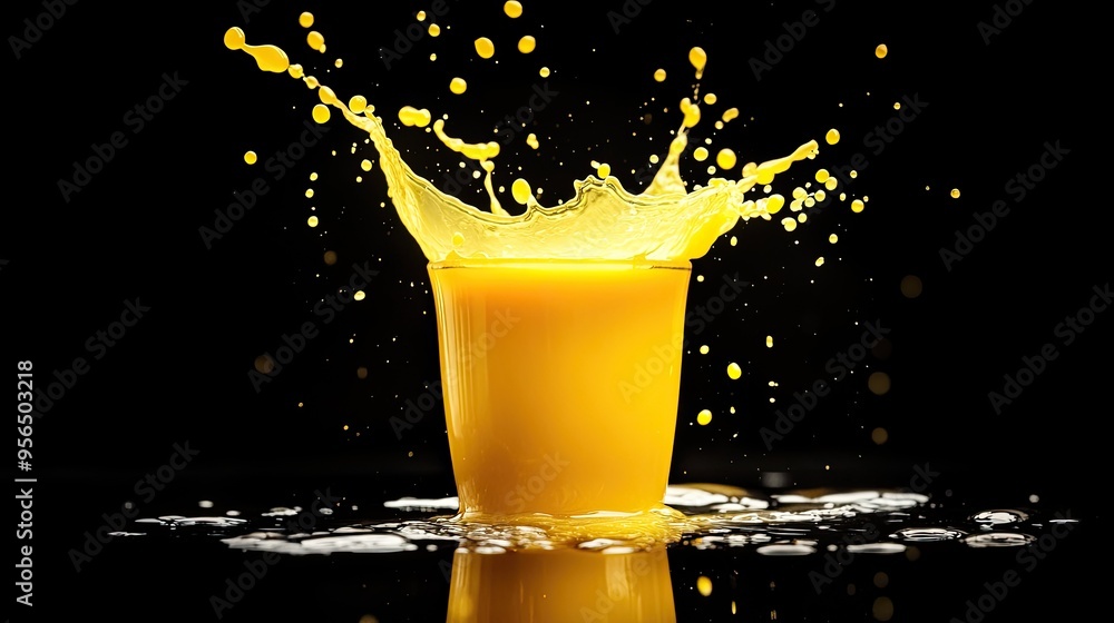 Poster a glass of orange juice is splashed with a burst of liquid, creating a dramatic and refreshing image
