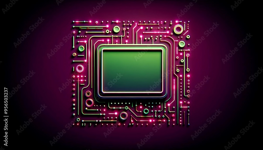 Poster a computer chip with a green screen is shown in a purple background. the image has a futuristic and 