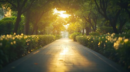 Empty street at the nice and beautyful garden during the sunrise : Generative AI