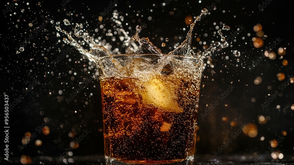 Poster a close-up of a glass of cola with ice, the liquid is fizzing and bubbling, creating a dynamic and r