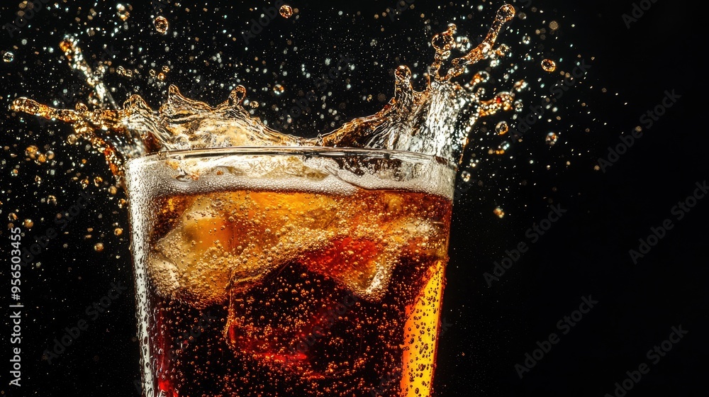 Poster close up of a glass of cola with ice and bubbles exploding on a black background.
