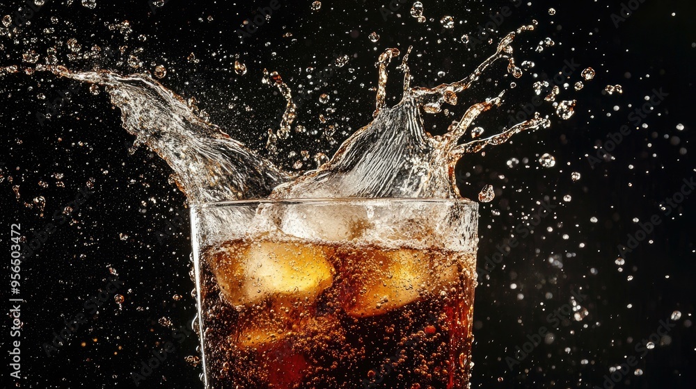Poster a close-up of a glass of cola with ice cubes, the liquid is fizzy and sparkling, creating a beautifu