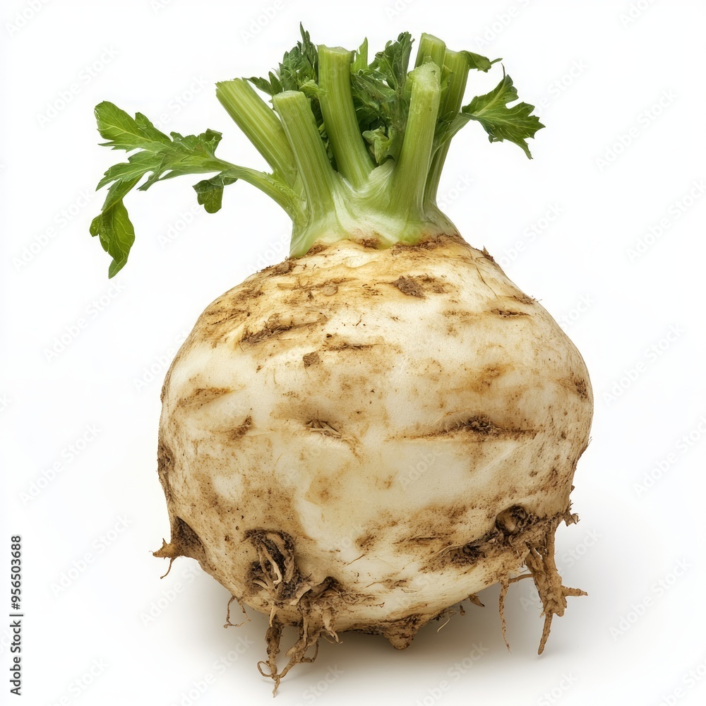 Canvas Prints A whole, fresh celery root with green leaves isolated on a white background.