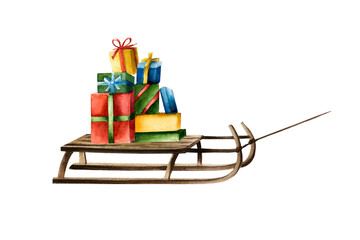 Wood winter sleigh with stack gifts. Christmas present boxes with ribbons, watercolor hand painted sled illustration isolated on background. For designers, decoration, shop, for postcards, wrapping pa