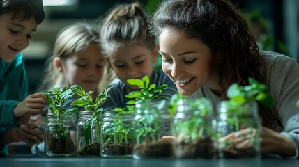 Female Teacher with kids in biology class at elementary school conducting biology or botanical scientific experiment about sustainable Growing plants Learning about plants in a glass j : Generative AI