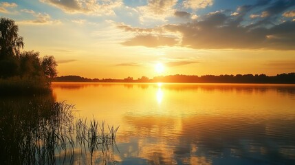 Fototapeta premium A serene lake at sunset, with golden light reflecting on the water.