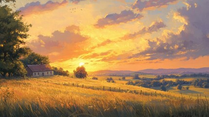Fototapeta premium A picturesque rural scene with a farmhouse nestled in a field at sunset.