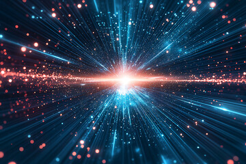 Fototapeta premium Dynamic abstract image of vibrant light trails and colorful particles converging towards a bright center, symbolizing speed and energy