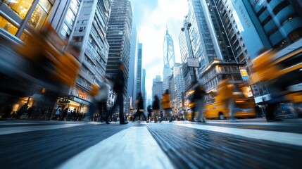 Obraz premium an urban scene featuring a crowded pedestrian crossing at a major intersection, with people rushing across the street and towering buildings in the background, captured in first person point of view