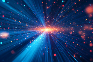 Dynamic abstract image of vibrant light trails and colorful particles converging towards a bright center, symbolizing speed and energy
