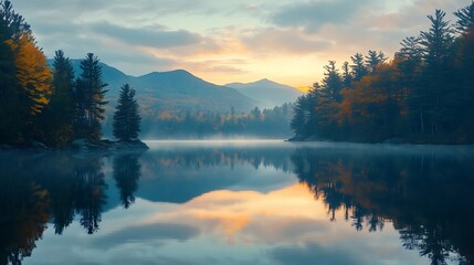 Fototapeta premium USA New York State St Armand Lake Placid at sunrise : Generative AI