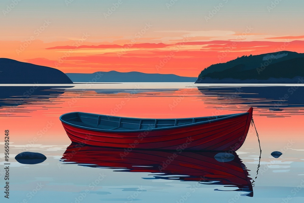 Canvas Prints Red Boat at Sunset on Calm Water