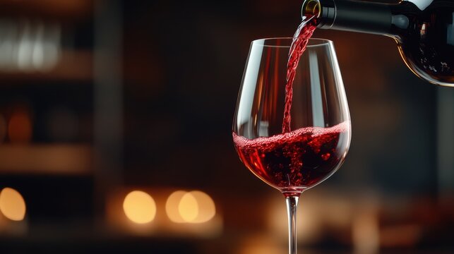 rich red wine being poured into a sleek wine glass, with the liquid swirling and catching the light in a dimly lit, sophisticated setting