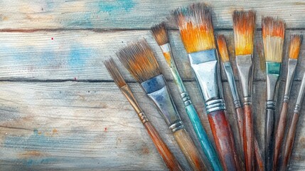 Obraz premium Watercolor illustration showcasing new painting brushes on a wooden surface