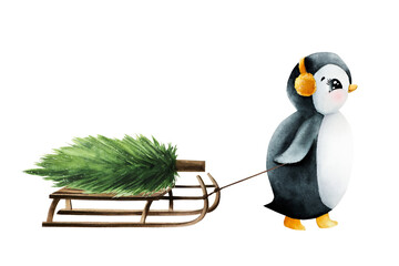 Cute smiling penguin with yellow earmuffs pulling wood winter sleigh with pine tree. Christmas vintage watercolor hand painted sled illustration isolated on background. For designers, decoration, shop