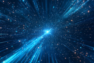 Fototapeta premium Dynamic abstract image of vibrant light trails and colorful particles converging towards a bright center, symbolizing speed and energy