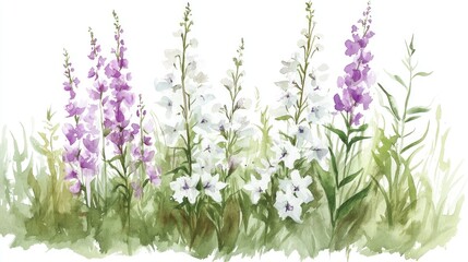 Naklejka premium Watercolor illustration of white and purple fireweed flowers set against a backdrop of lush green grass