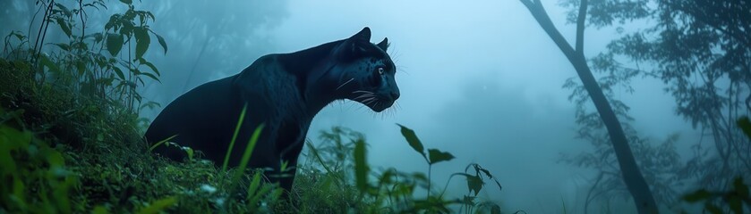 Mysterious panther watching from a hidden spot in a dense, foggy forest focus on, twilight theme, dynamic, double exposure, fog-shrouded trees backdrop