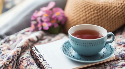 A cup of tea on a blanket with a notebook and flowers.
