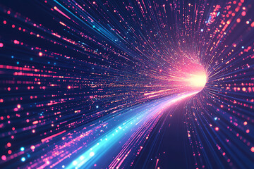 Fototapeta premium Dynamic abstract image of vibrant light trails and colorful particles converging towards a bright center, symbolizing speed and energy