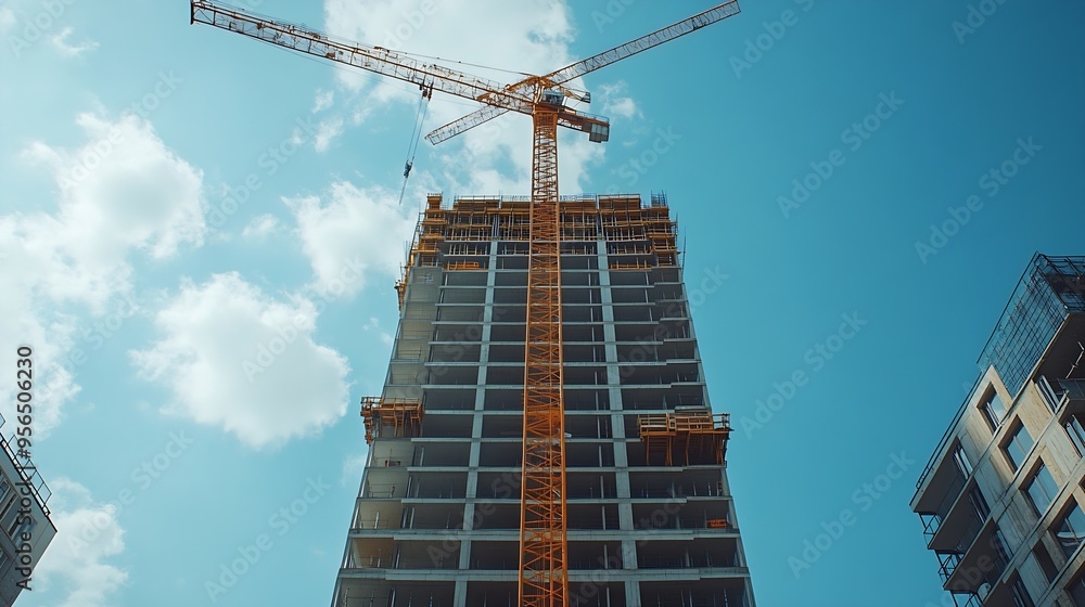 Aufkleber a crane and a building under construction against a blue sky background builders work on large const