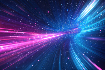 Dynamic abstract image of vibrant light trails and colorful particles converging towards a bright center, symbolizing speed and energy