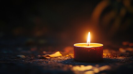 A single candle flame flickering in the darkness, casting a soft, warm glow on its surroundings
