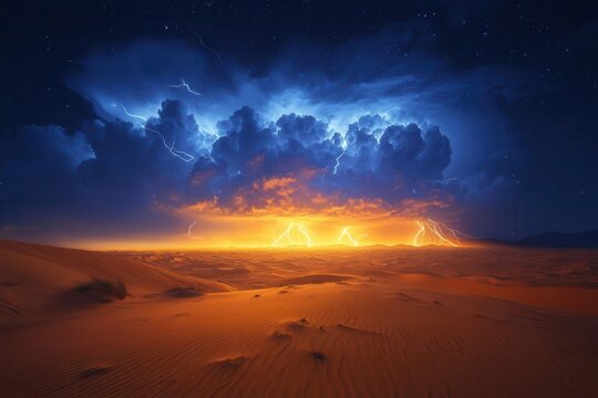dramatic storm clouds rolling over golden sand dunes with lightning illuminating the vast desert landscape