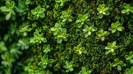 A green moss texture with small plants growing through, natural and organic