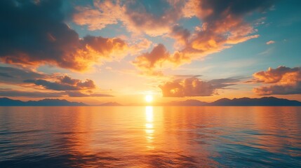 Fototapeta premium Sunset or sunrise sky Clouds over water Golden Dawn Dramatic coast nature background Beautiful sea beach at sunset Morning shoreline sunlight : Generative AI