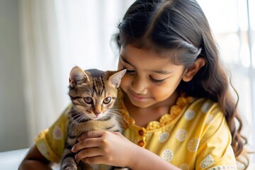 Indian Girl Playing with Pet Cat - A young Indian girl playing gently with a pet cat, showcasing a bond with animals.
