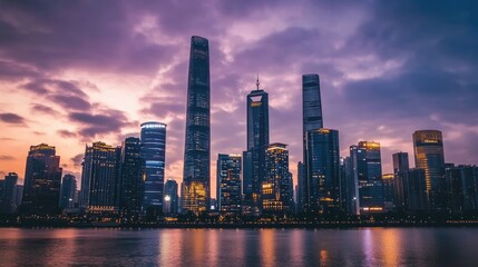 Obraz premium A panoramic view of the city skyline at dusk.