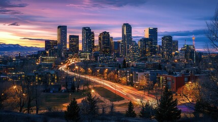 Obraz premium A stunning cityscape at twilight, with tall buildings illuminated against a vibrant purple sky.