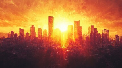 Fototapeta premium A vibrant cityscape silhouetted against a fiery sunset.