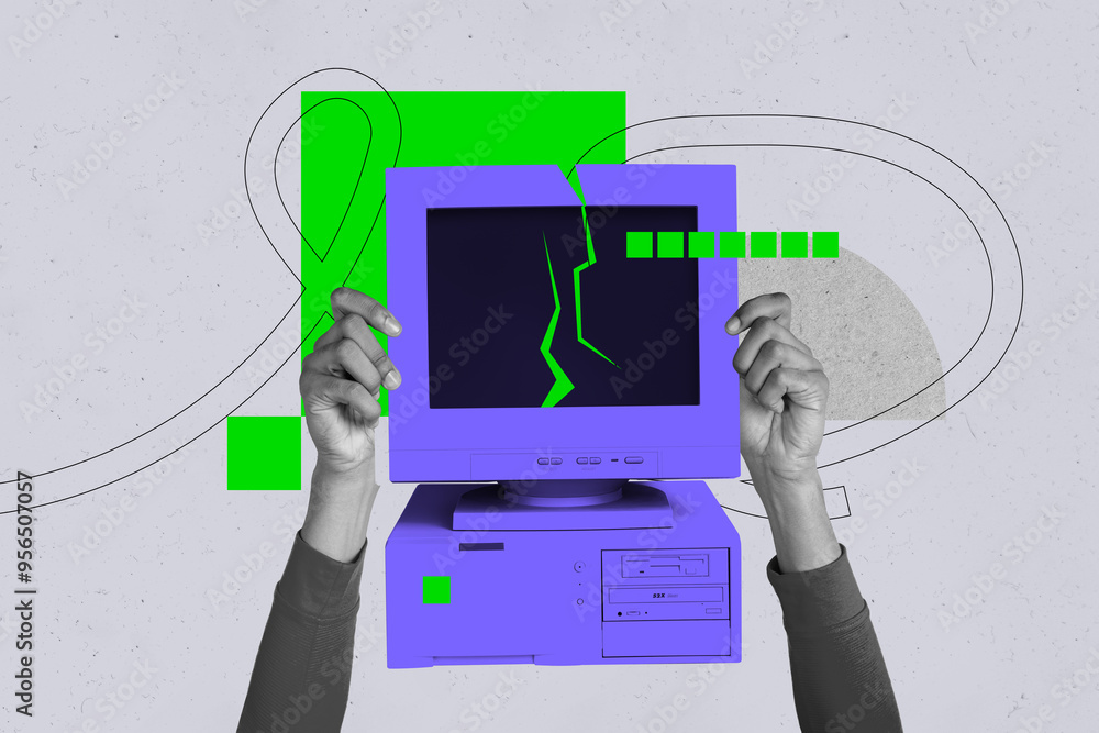Aufkleber composite trend artwork sketch image photo collage of anonymous hand hold computer monitor broken cr