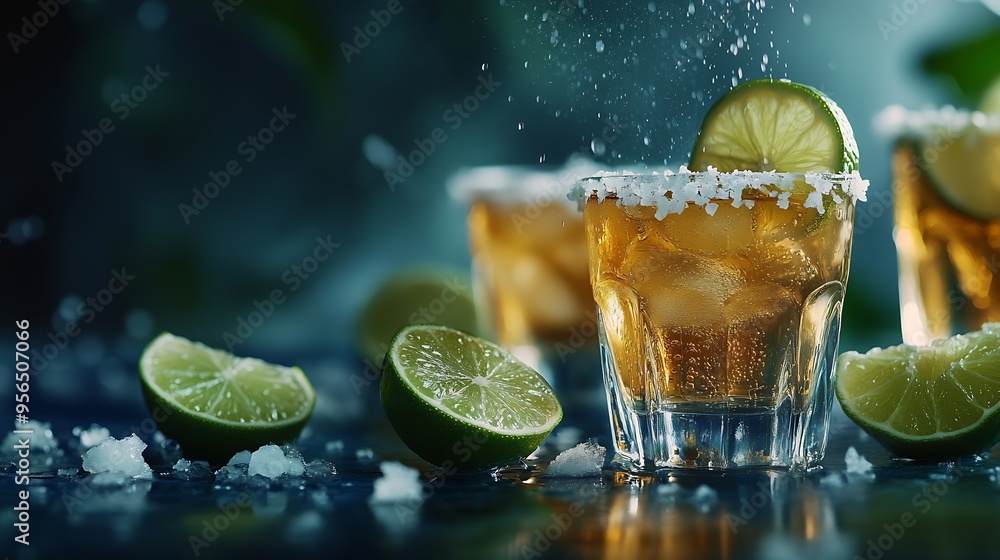 Poster tequila is poured into a glass tequila shots with lime slices and sea salt on a dark blue table : ge