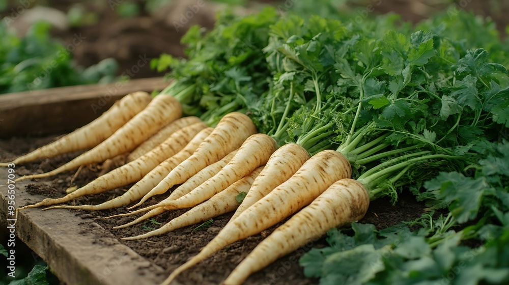 Poster Fresh parsnip roots  Parsnip harvest on an organic farm : Generative AI