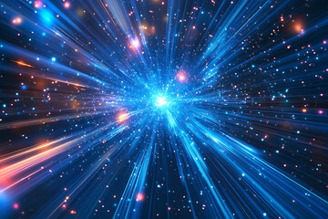 Fototapeta premium Dynamic abstract image of vibrant light trails and colorful particles converging towards a bright center, symbolizing speed and energy
