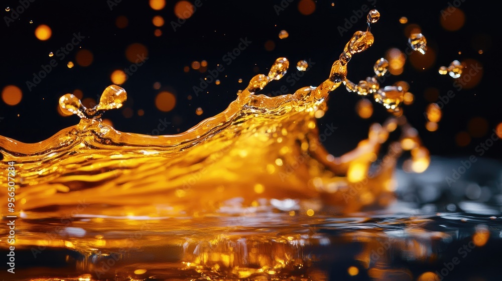 Poster a close-up of a golden liquid splash, creating a dramatic and abstract pattern.