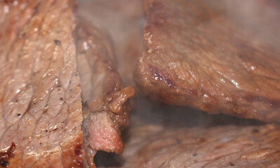 meat details. meat with selective focus. hot meat with smoke. smoke coming out of the house.