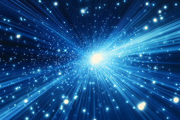 Naklejka premium Dynamic abstract image of vibrant light trails and colorful particles converging towards a bright center, symbolizing speed and energy