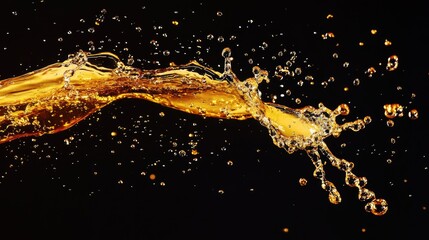 A splash of golden liquid against a black background. The liquid is captured in mid-air, creating a dynamic and visually appealing image.