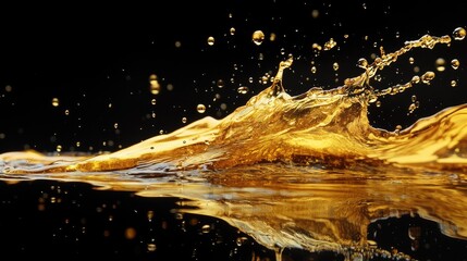 Golden liquid splashes and creates a beautiful, abstract pattern against a black background.
