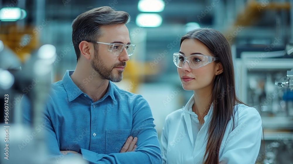 Fototapete handsome manager train female technician to work in automated production factory industrial engineer