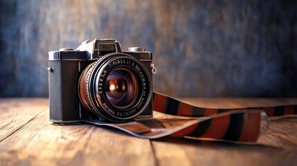 Vintage camera with a strap on a wooden table.