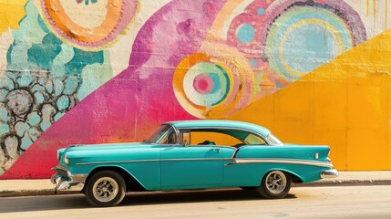 A vintage turquoise car parked in front of a colorful wall with abstract patterns.
