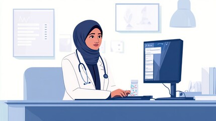 Illustration of a female healthcare professional wearing a hijab and lab coat, sitting at a desk with a computer, in a medical office setting.